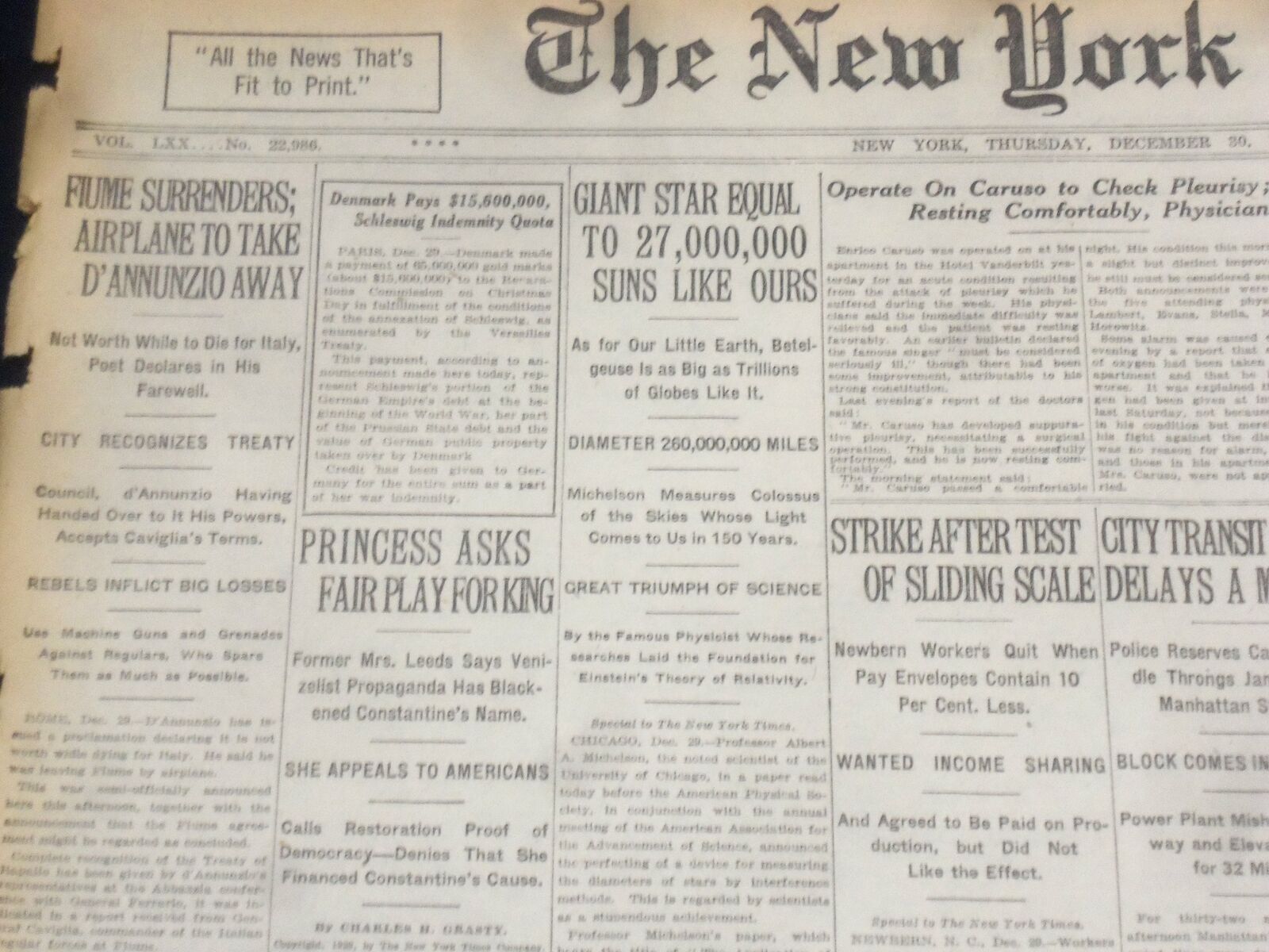 1920 DECEMBER 30 NEW YORK TIMES - GIANT STAR EQUAL TO 27,000,000 SUNS - NT 8488