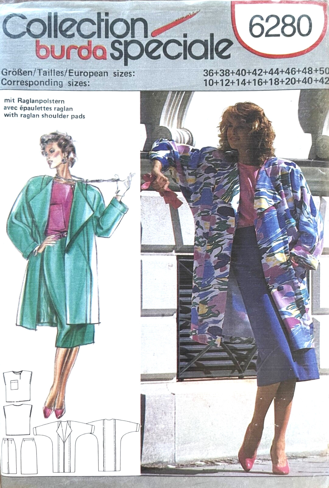 1980\'s Burda Misses\' Top,Skirt,Jacket Pattern 6280 Size 10-42 UNCUT