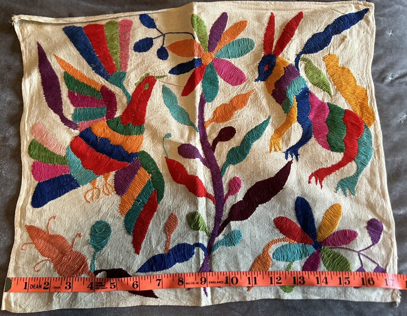 Bright Colorful Otomi Mexican Embroidered Cotton Tapestry Bird Bee Flower 17\