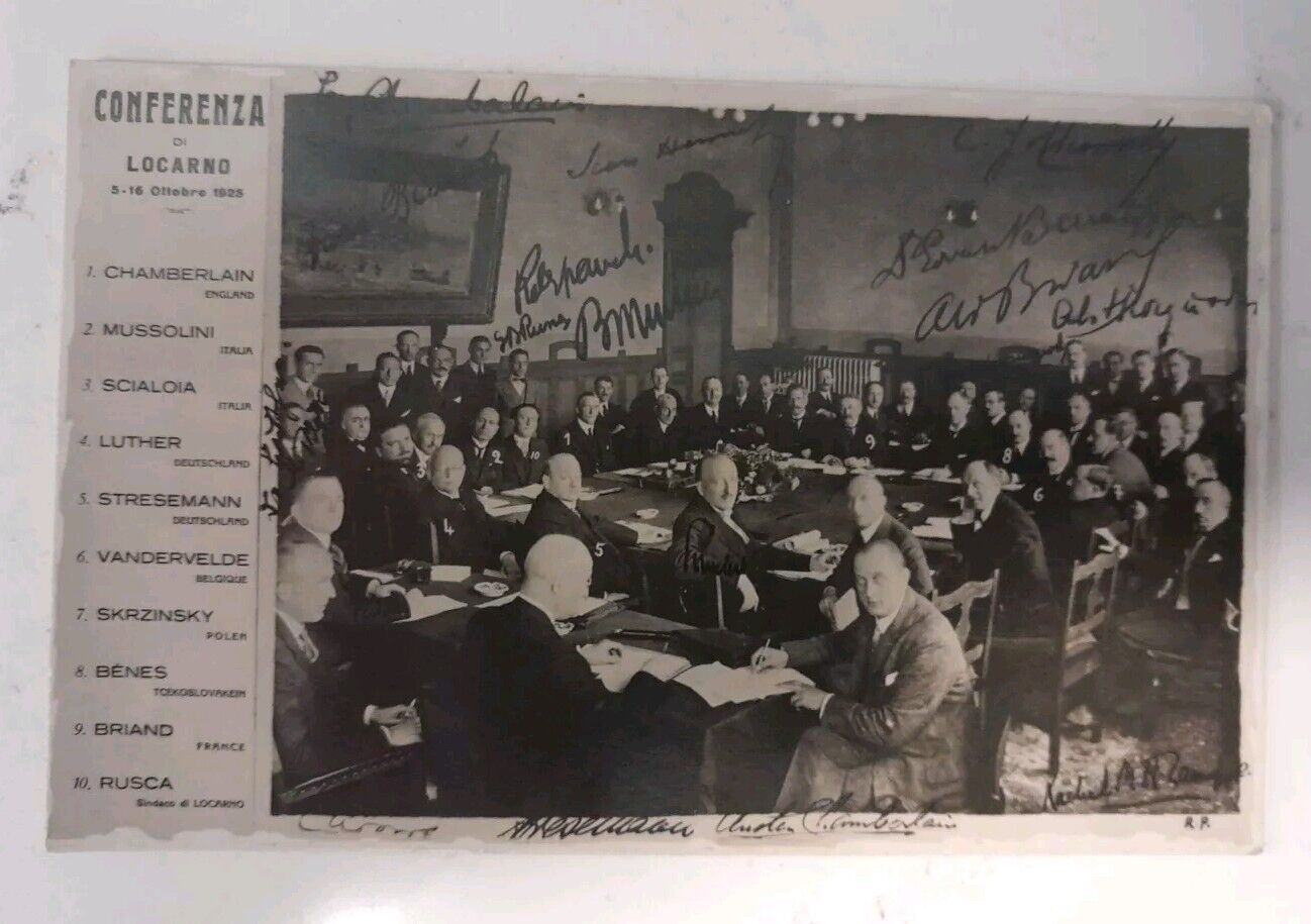 1925 Locarno Treaty Conference Postcard Switzerland Mussolini, Chamberlain, 