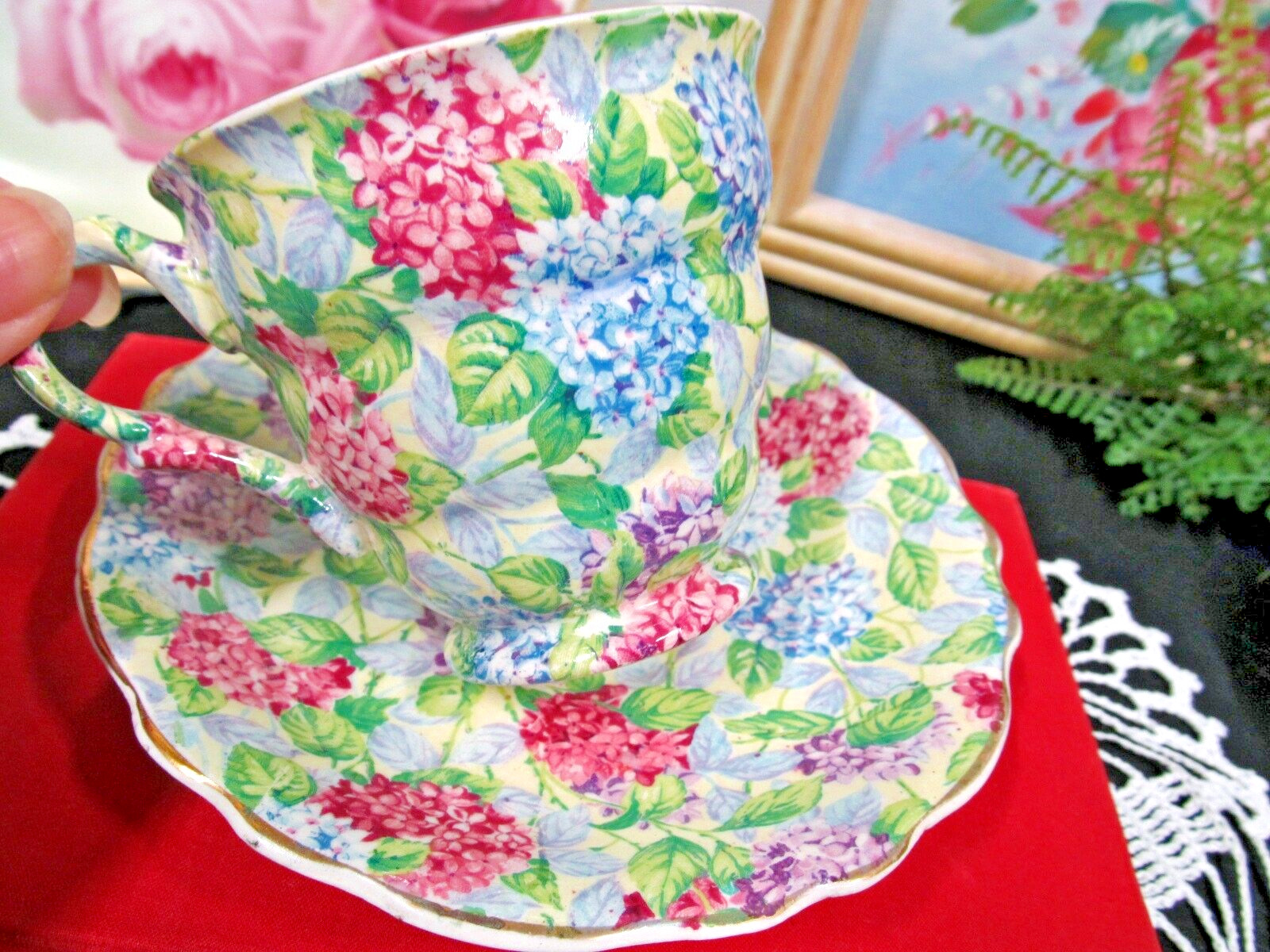 James Kent Cup & saucer Hydrangea Chintz floral teacup England