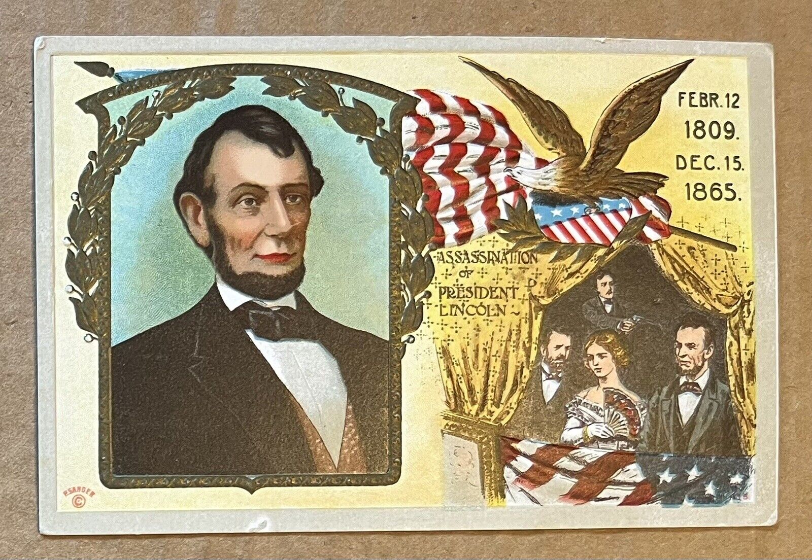 PC Abraham Lincoln Assassination Embossed Eagle Flag Gilt Clean Circa 1910 VG++
