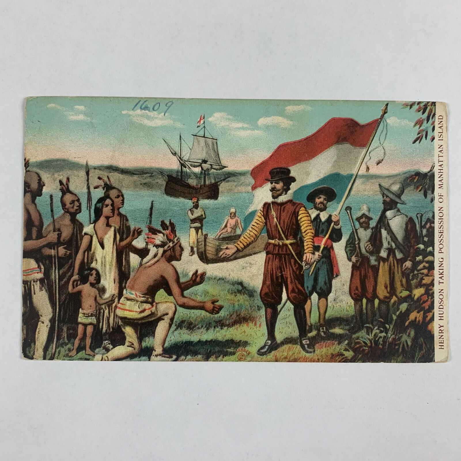 Postcard New York City NY Hudson Manhattan 1609 Native American 1910s Unposted