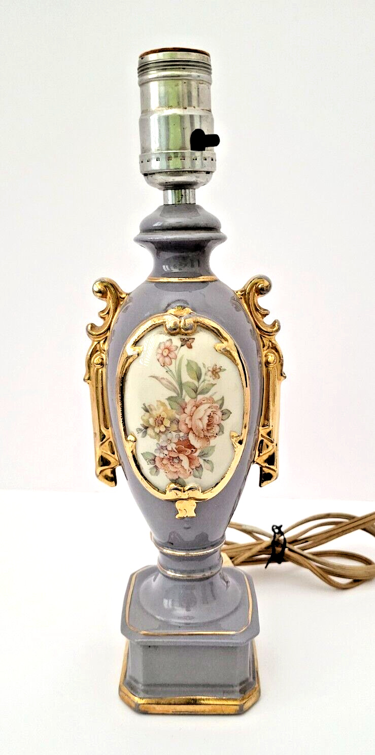 Leviton Ceramic Table Lamp Vintage 1950s Lavender Floral Design Gold Trim 12\