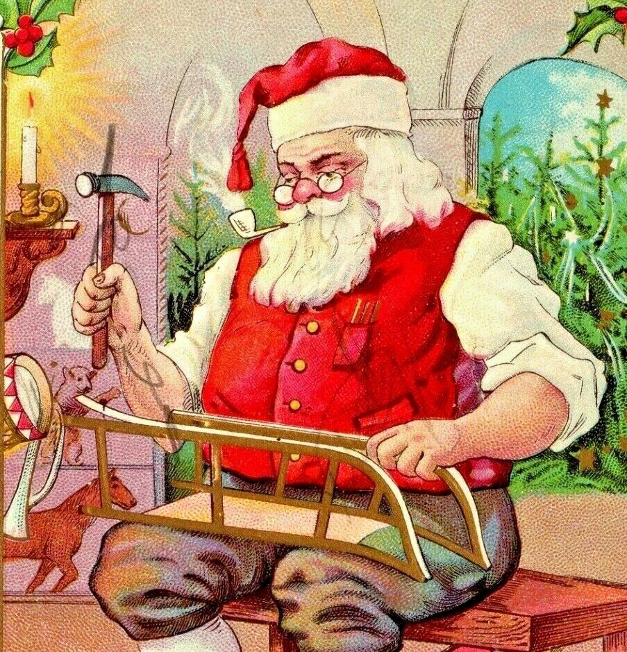 C.1910s Christmas. Santa Building Sleigh. Toy Doll Wagon. Horse. VTG Postcard