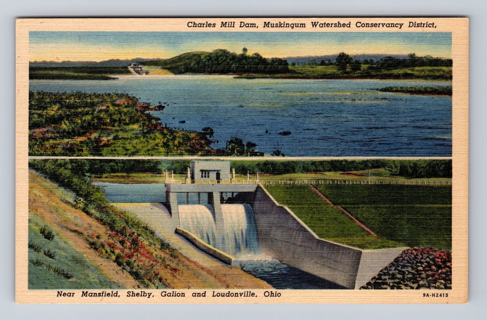 Mansfield OH-Ohio, Charles Mill Dam, Antique Vintage Souvenir Postcard