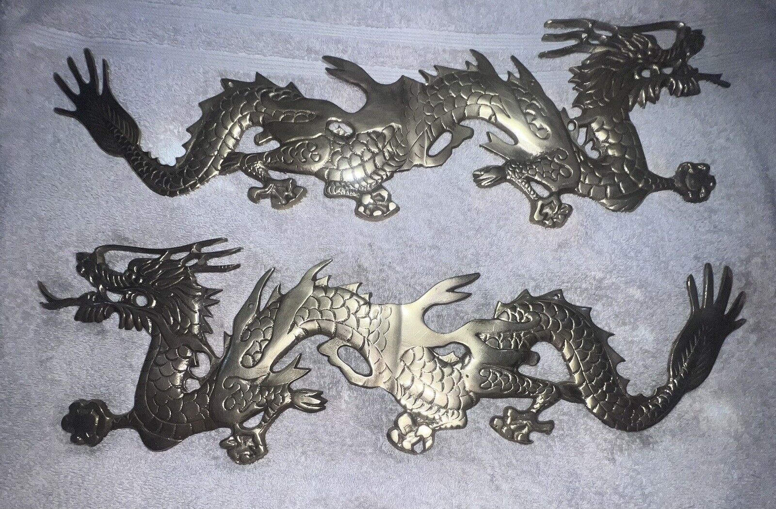 Vintage 2 pc Set Chinese Brass Dragon Wall Mount Hanging 23.5” X 7” Plaques