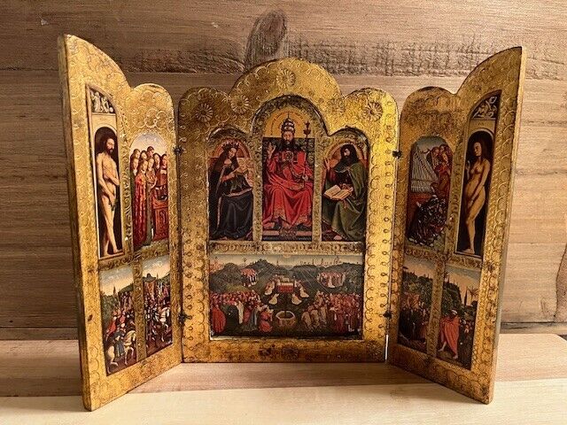 Antique Religious Triptych G. B. Florence Italy Gilded Gold Angels Adam & Eve