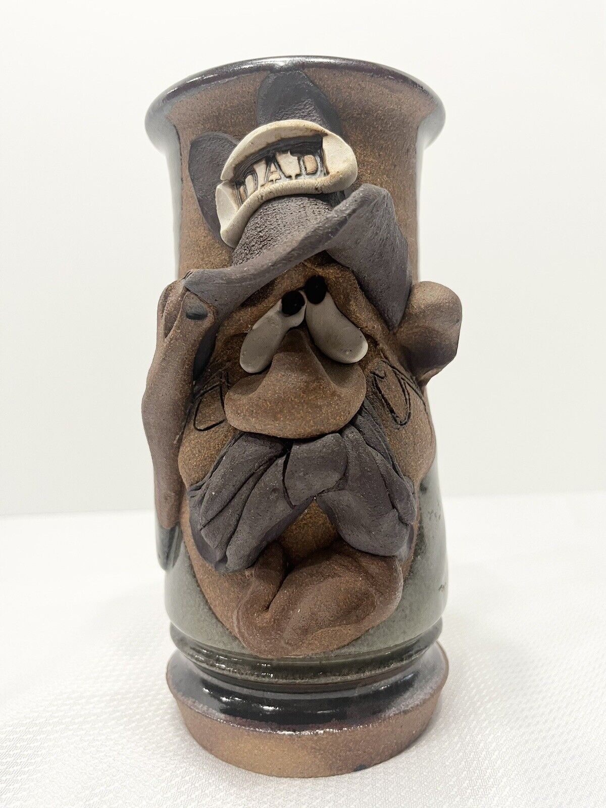 VTG Pottery Funny Face 3D Mustache Cowboy Dad Mug Signed Mahon Made Stoneware PT