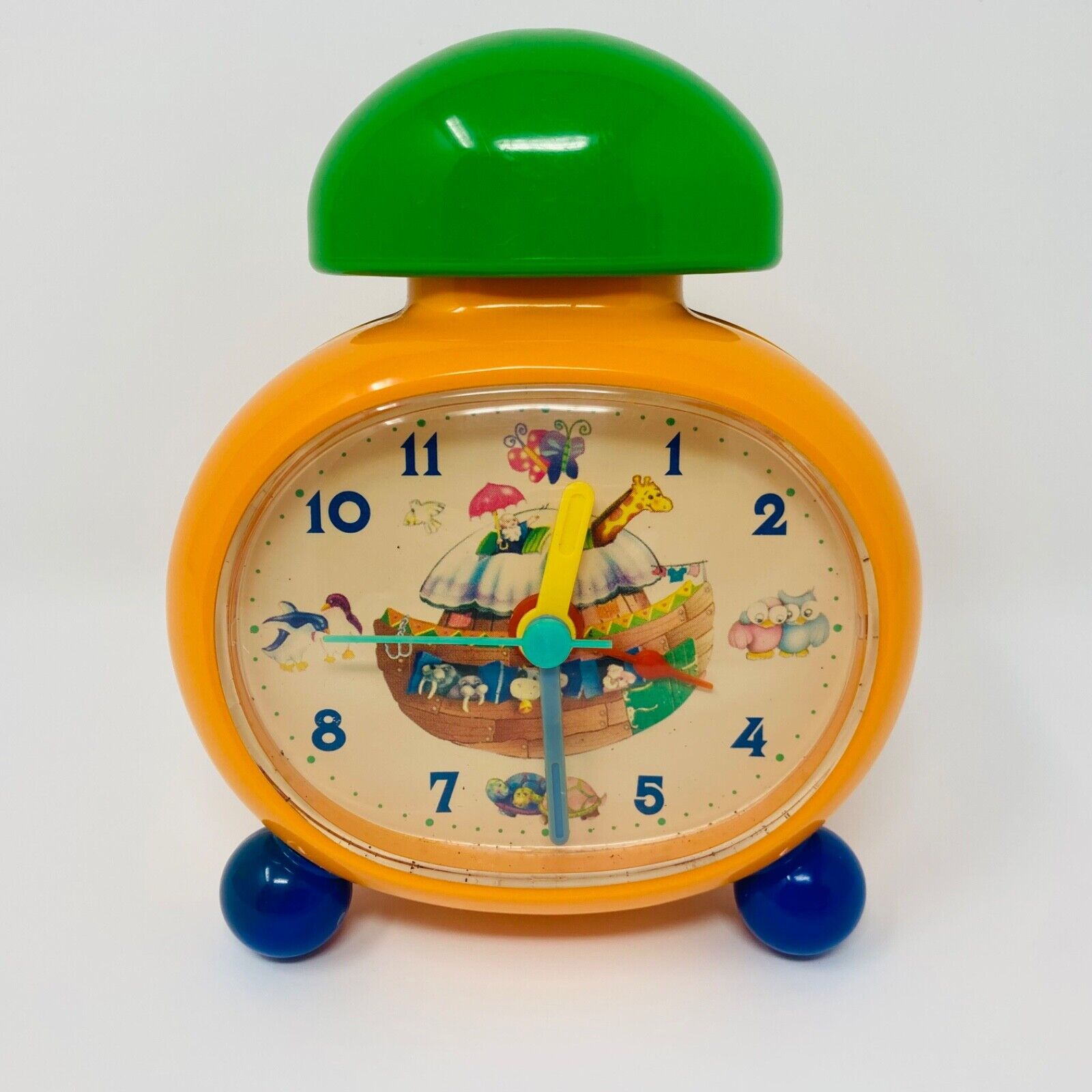 Vintage PECOWARE Childs Alarm Clock Orange Noahs Arc Seconds Hand Battery Retro