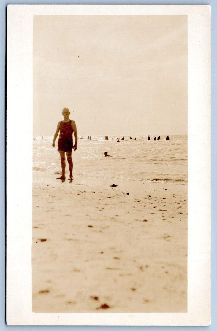 1910-20\'s RPPC MAN ON BEACH PEOPLE IN OCEAN ANTIQUE VINTAGE SWIMSUIT POSTCARD