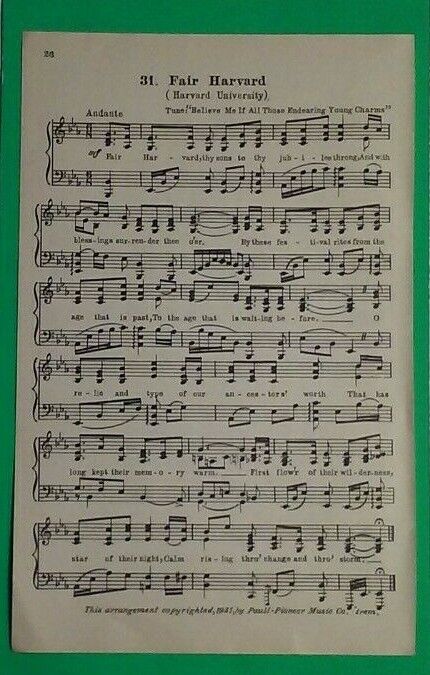 Vintage Original 1931 School Song Sheet HARVARD UNIVERSITY \