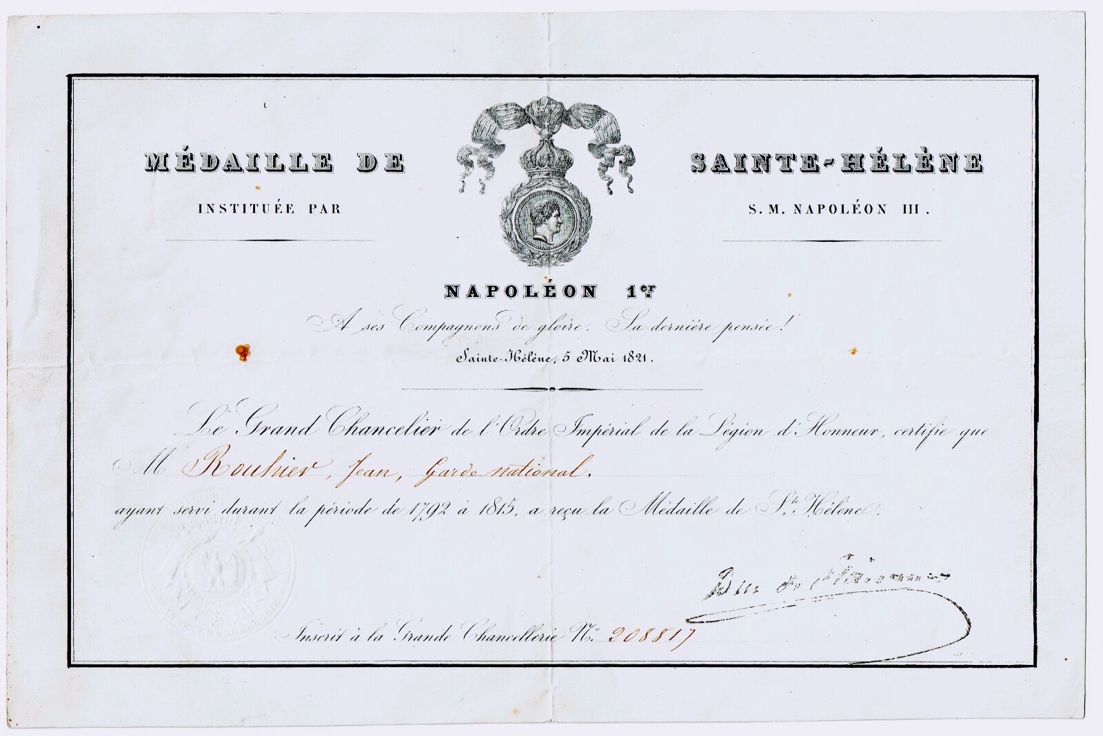 L*18-AUTOGRAPH-SAINT HELENA-NAPOLEON-LEBRUN-GUARD NATIONAL-ROUHIER-1821