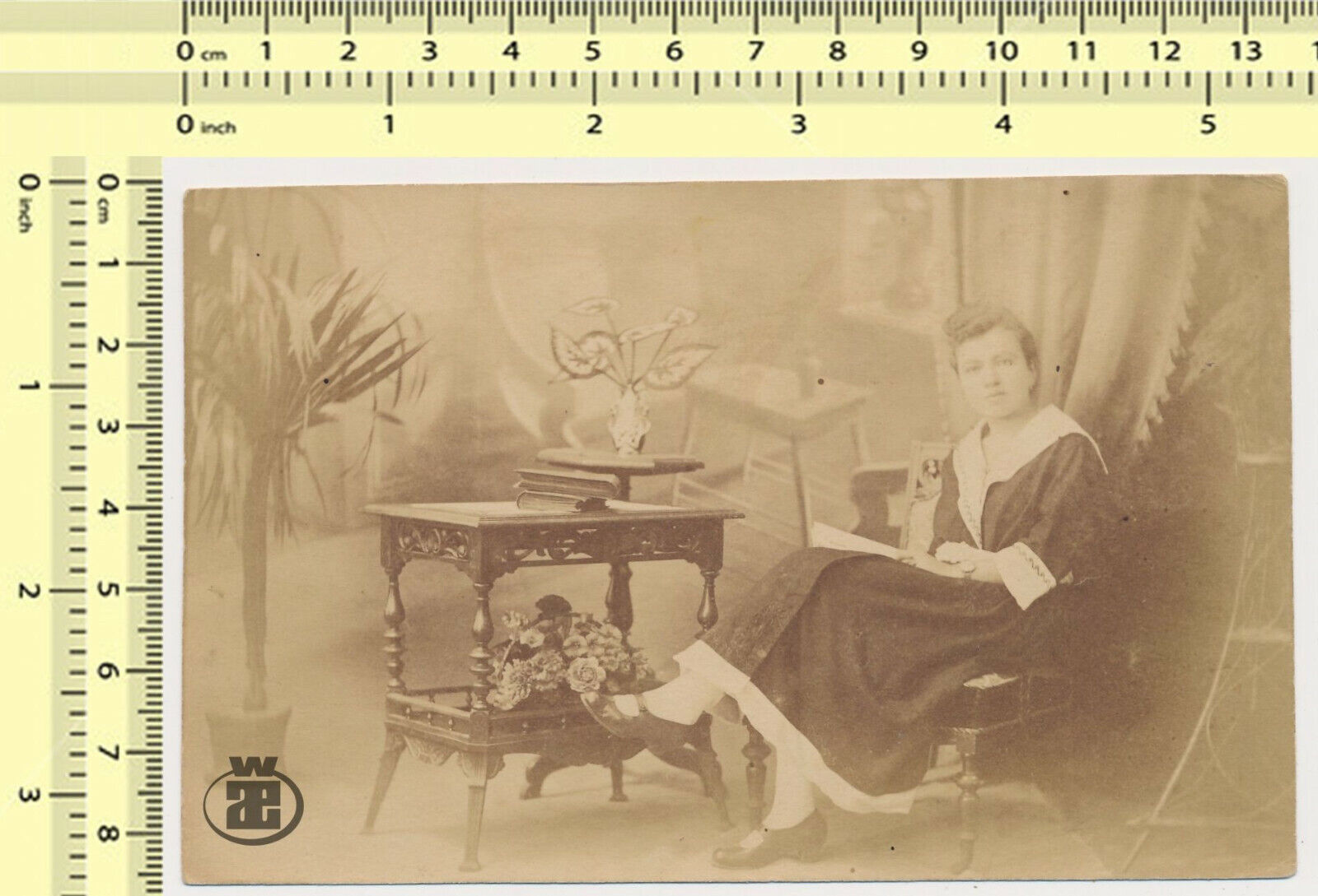 113 20s Woman in Studio Lady Sitting in Chair Reading vintage photo old original