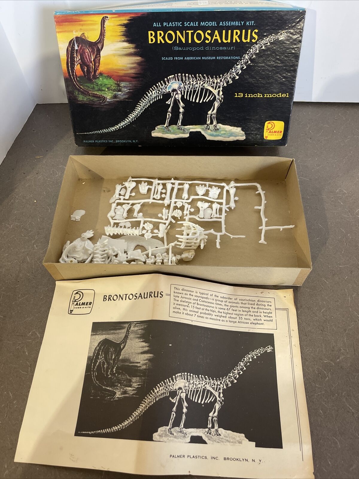 vintage palmer brontosaurus model kit open box, instructions, parts
