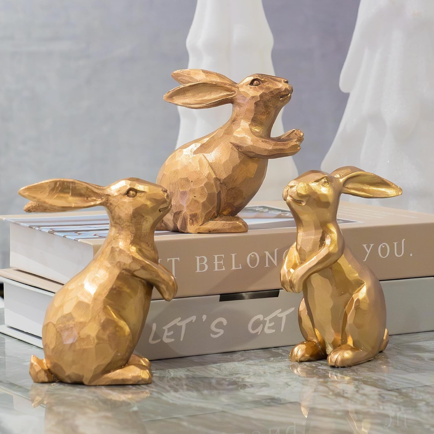 Bunny Rabbit Easter Resin Vintage Gold Small Figurine Statue Home Decor Gift