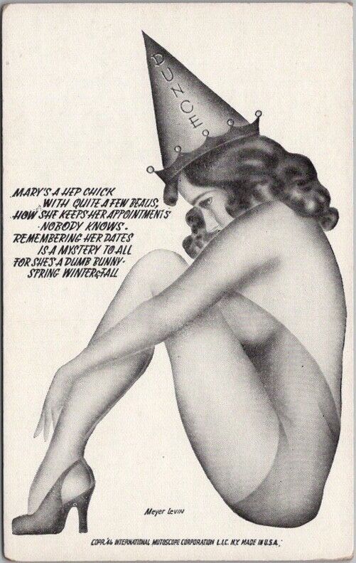 1946 Artist-Signed MEYER LEVIN Mutoscope Card Bathing Suit Girl in Dunce Cap