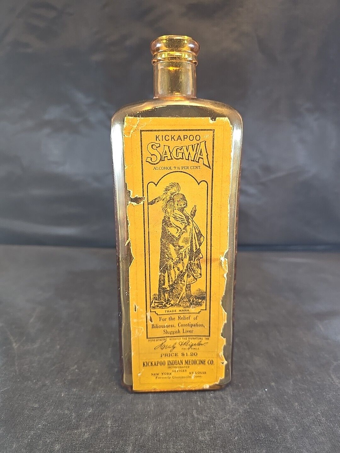 Vintage Kickapoo Sagwa Indian 8.5” Amber Glass Medicine Bottle