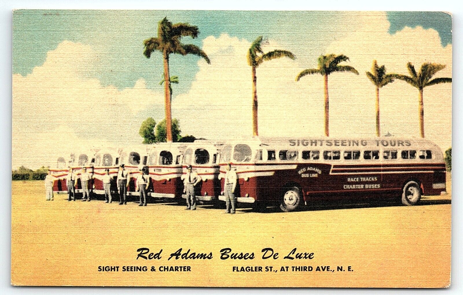 1930s MIAMI FL RED ADAMS BUSES DEL LUXE SIGHT SEEING TOURS LINEN POSTCARD P2644