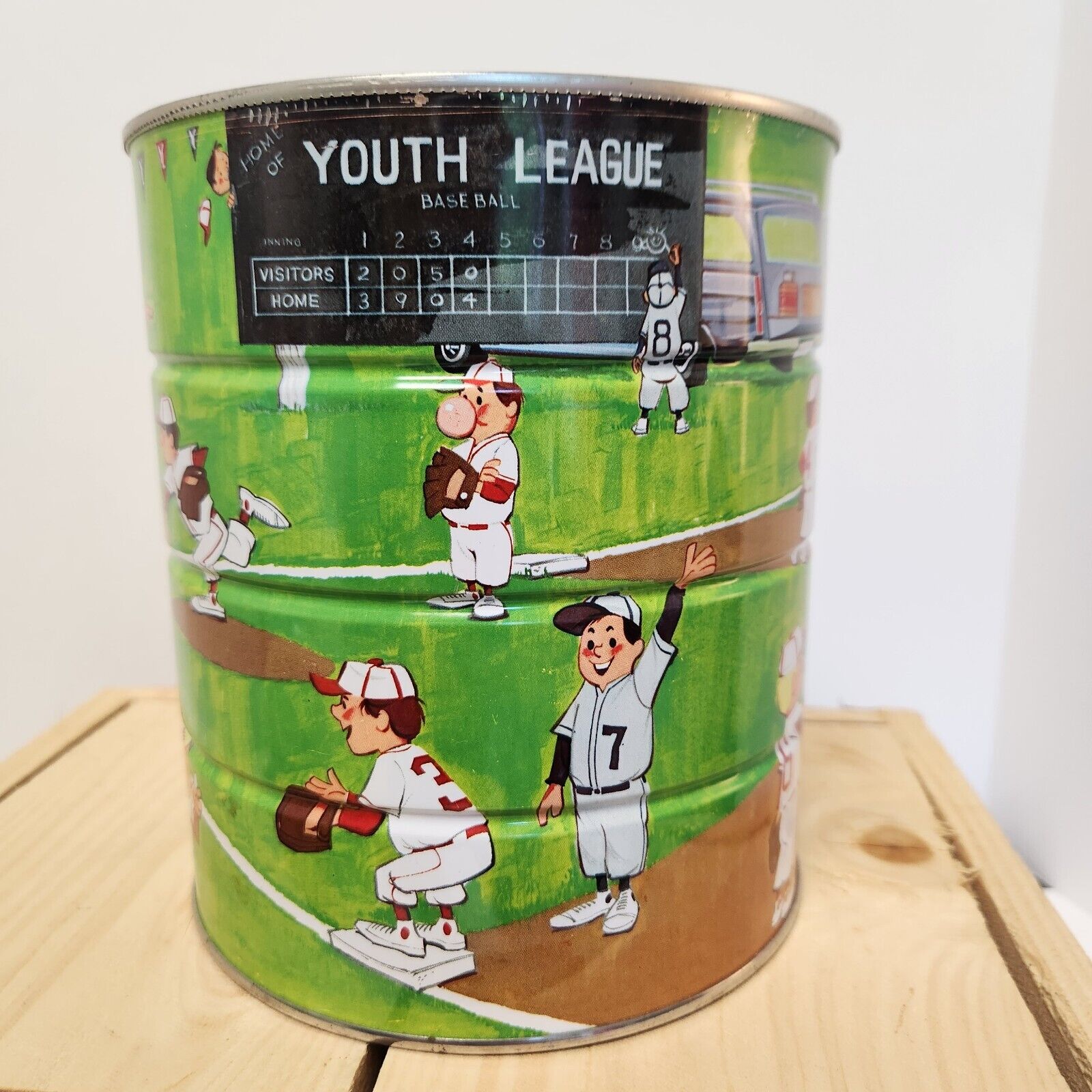 Vintage Butter Nut Metal Advertising Coffee Tin Can with Youth Baseball Graphic