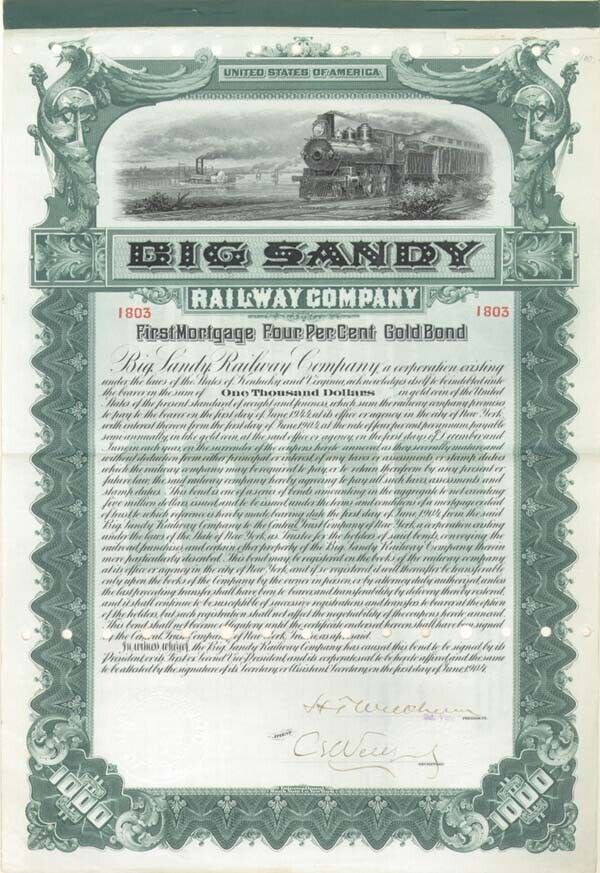 Big Sandy Railway Co. - $1,000 Bond - Railroad Bonds