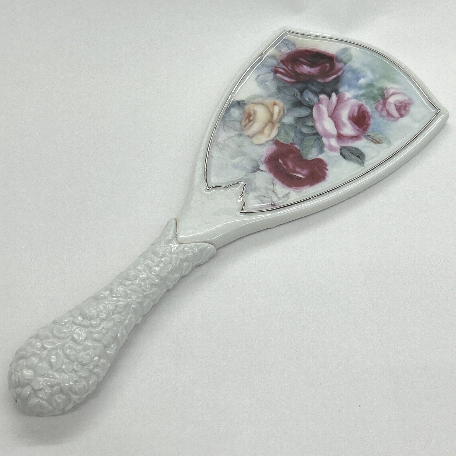 Avon 2006 Rose Collection Vanity Hand Mirror White Porcelain 11-1/2” Long