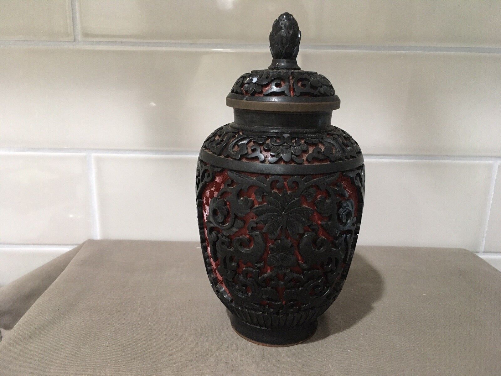 Vintage Chinese Red Black Lacquer Carved Cinnabar Ginger Jar Blue Enamel