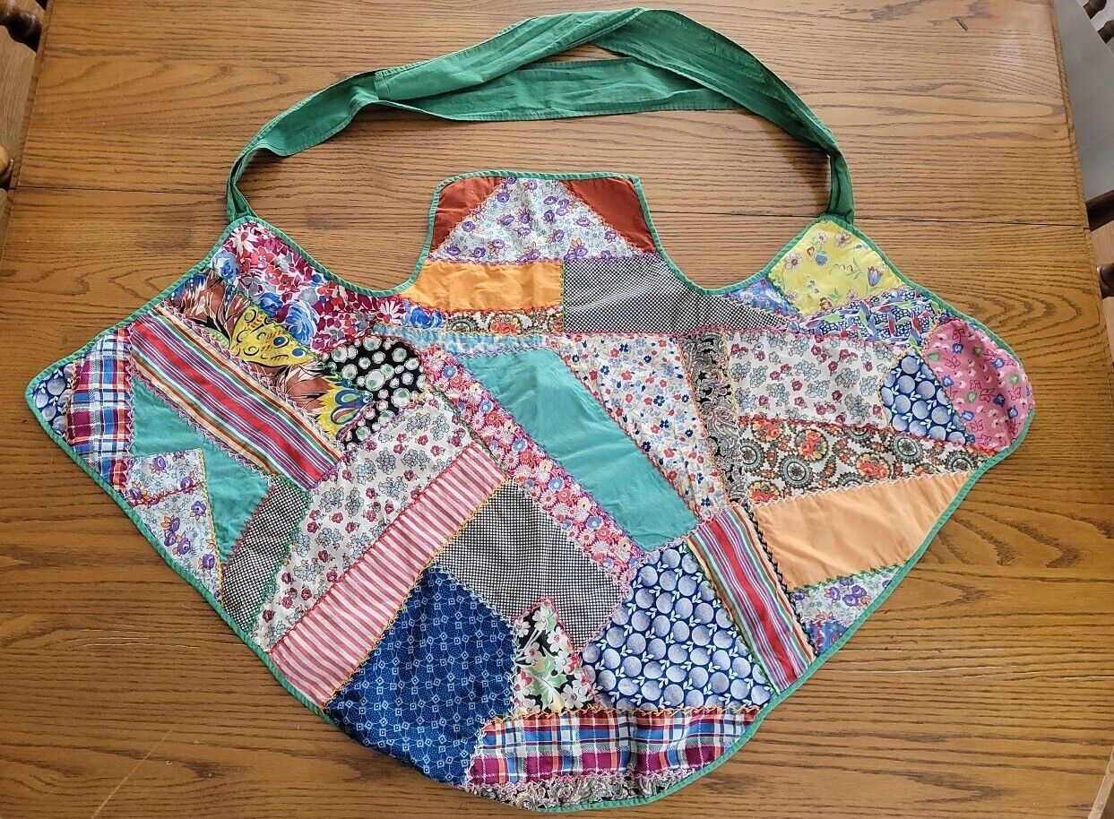 Antique Vintage Crazy Quilted Feedsack Apron Handsewn Colorful
