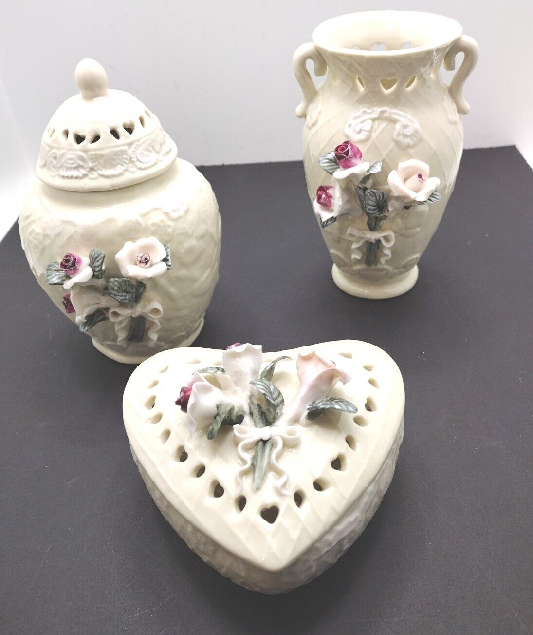 3 Vtg Jay Import precious  Keepsake Trinket Boxes with roses 1 is a vase, read