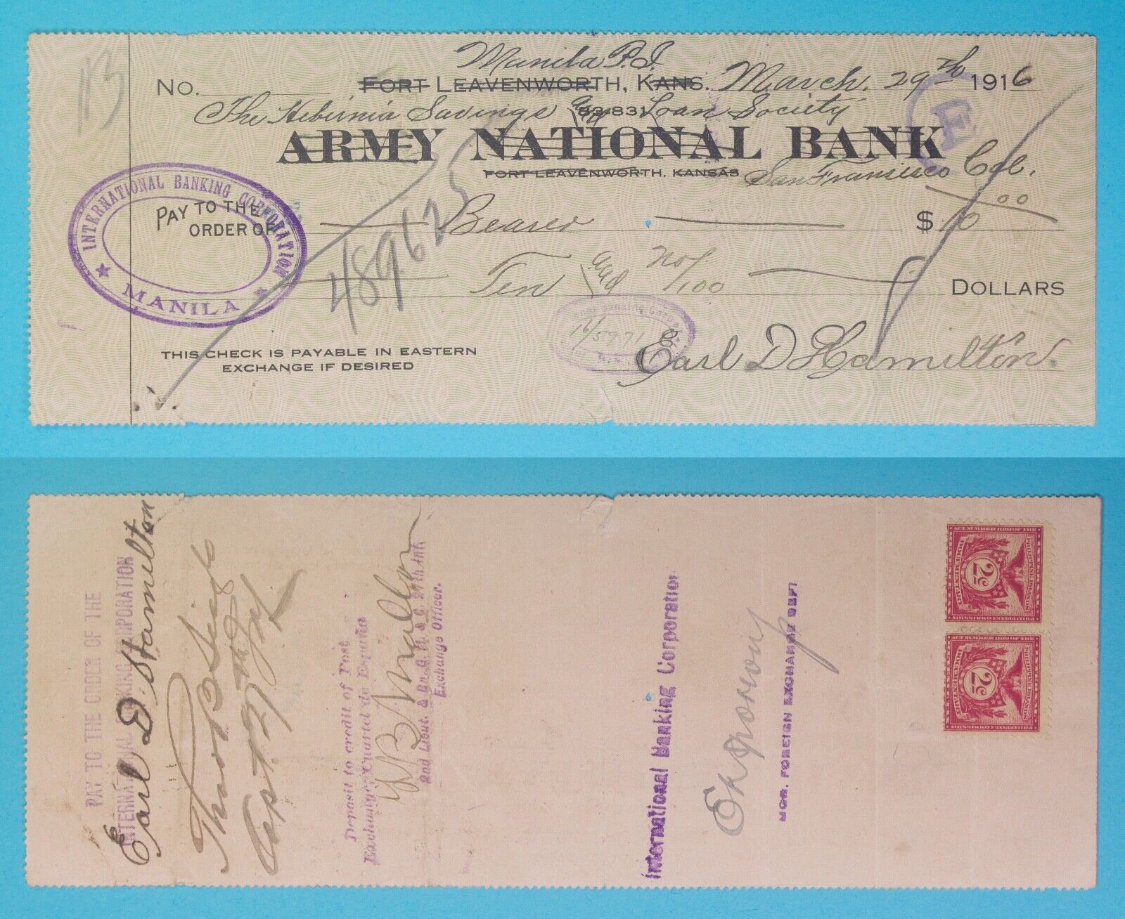 1916 Philippines ~ Manila PI $10 Check w/ 2 Centavos Stamps ~ Army National Bank