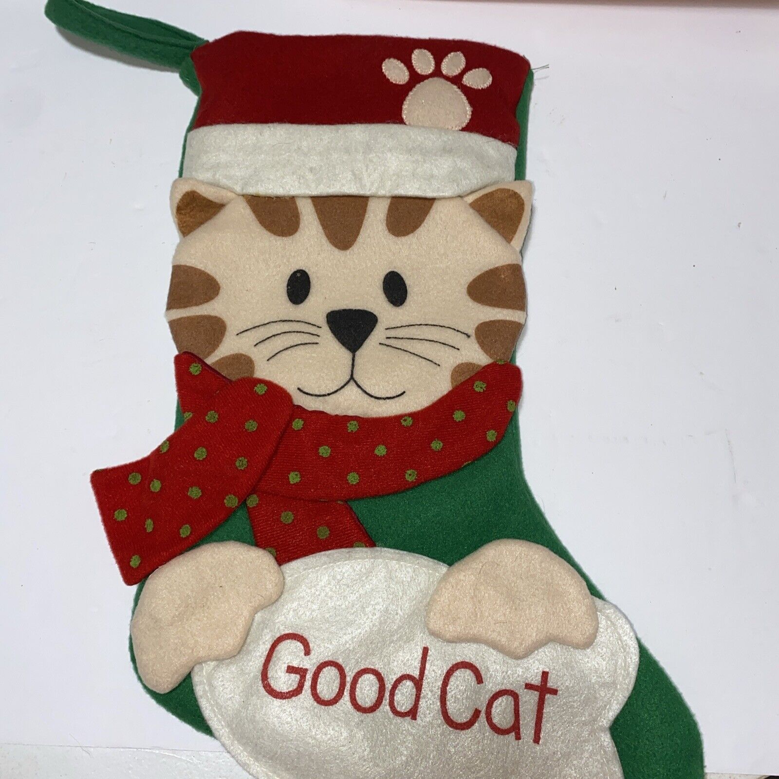 Good Cat Felt Christmas Stocking Red Green White