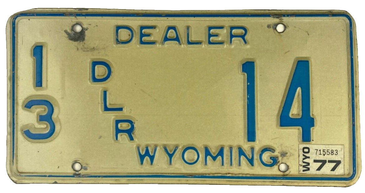 Vintage Wyoming 1977 Auto Dealer License Plate Converse Co Cave Collector Decor