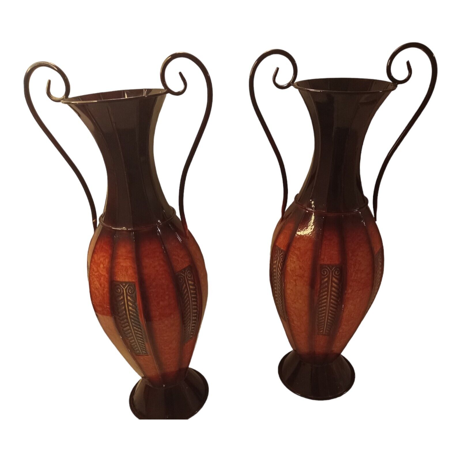 2 Metal Hosley  Cylindrical Floor Vases With Handles
