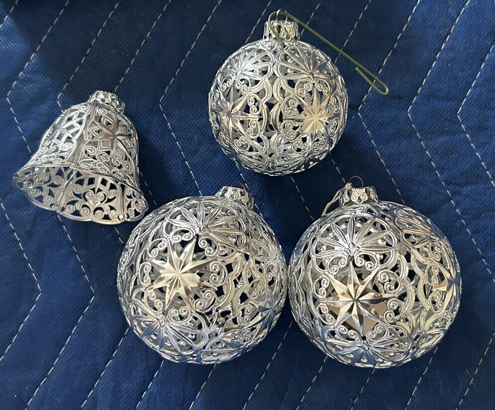 ECKARTINA Metal Filigree Christmas Ornaments W Germany-  Silver color- Set Of 4