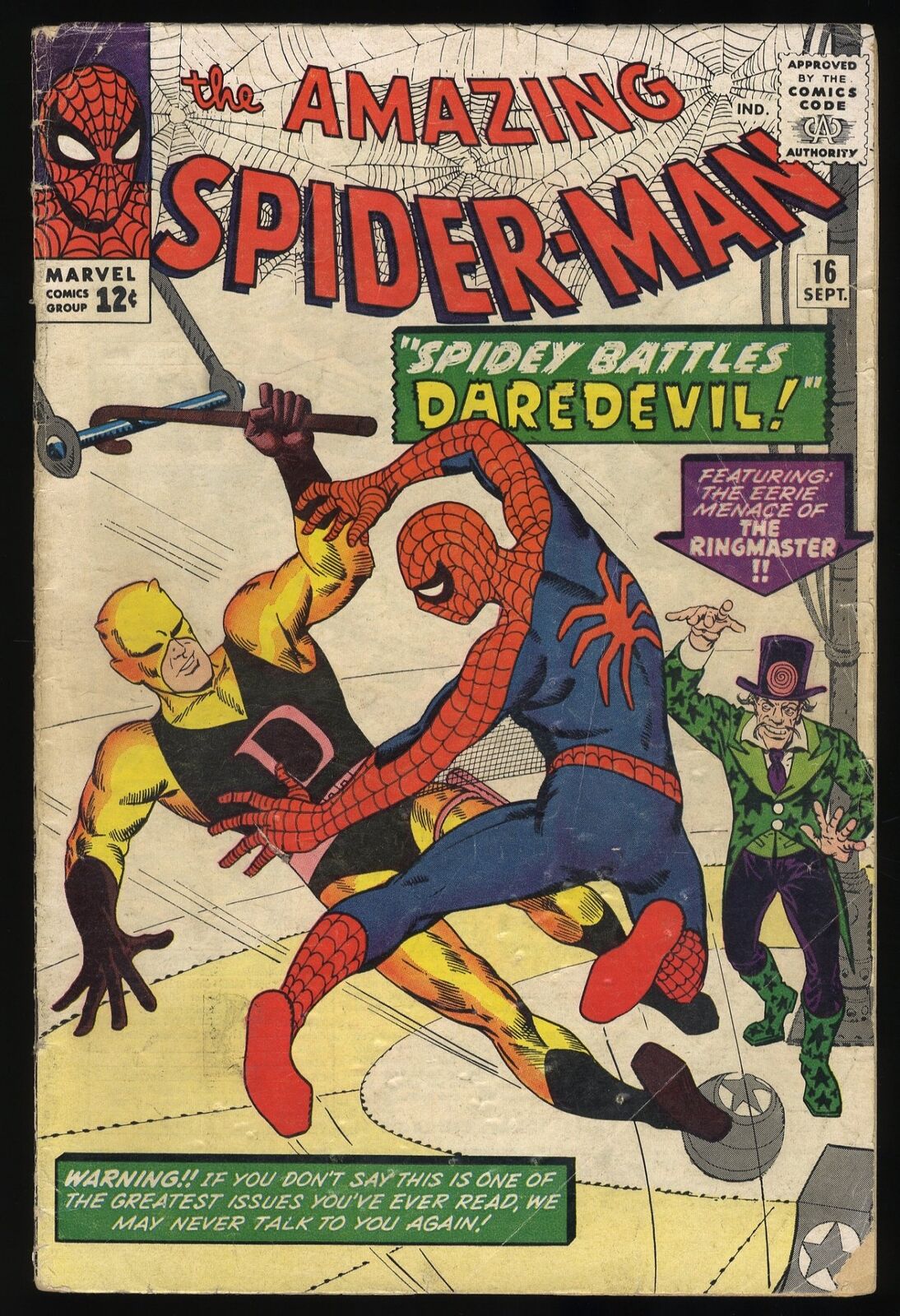 Amazing Spider-Man #16 GD/VG 3.0 Battles Daredevil Stan Lee Marvel 1964