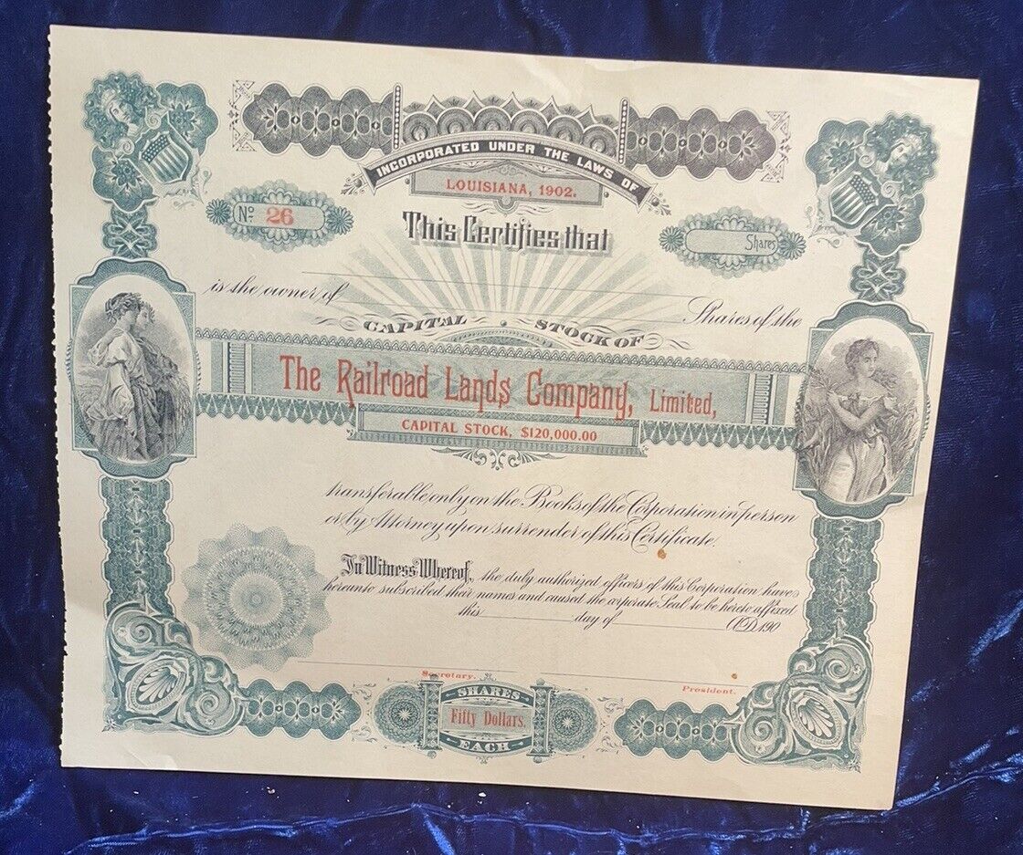 1902 Railroad Lands Co. Limited Stock Certificate. Green- Louisiana