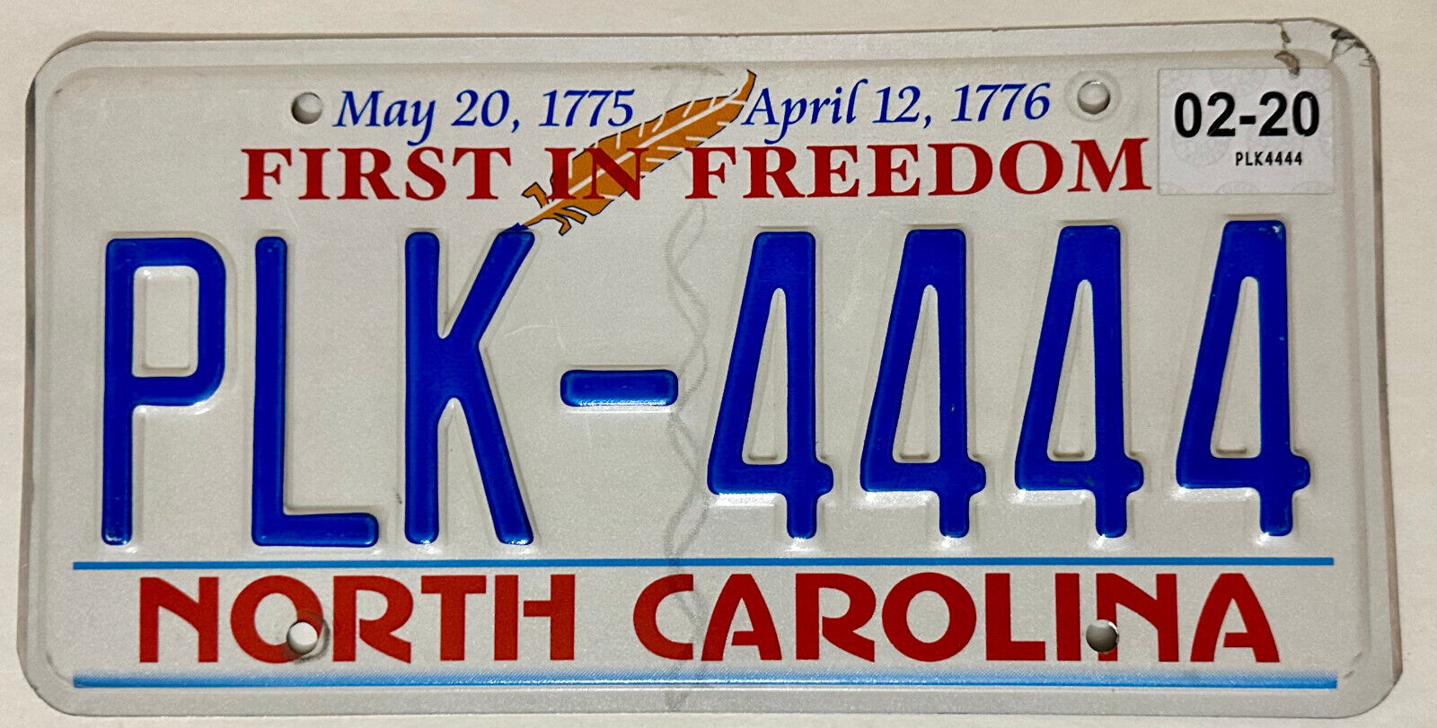2020 NORTH CAROLINA License Plate - NC #PLK-4444