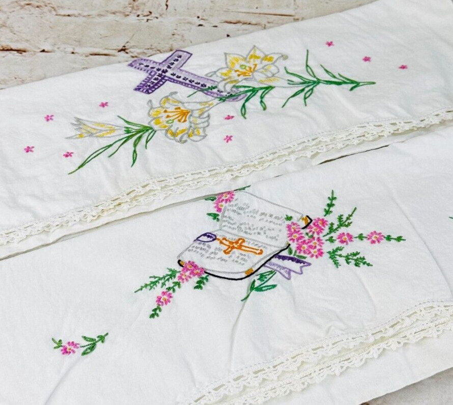 vtg embroidered pillowcase religious easter cross standard 100% cotton