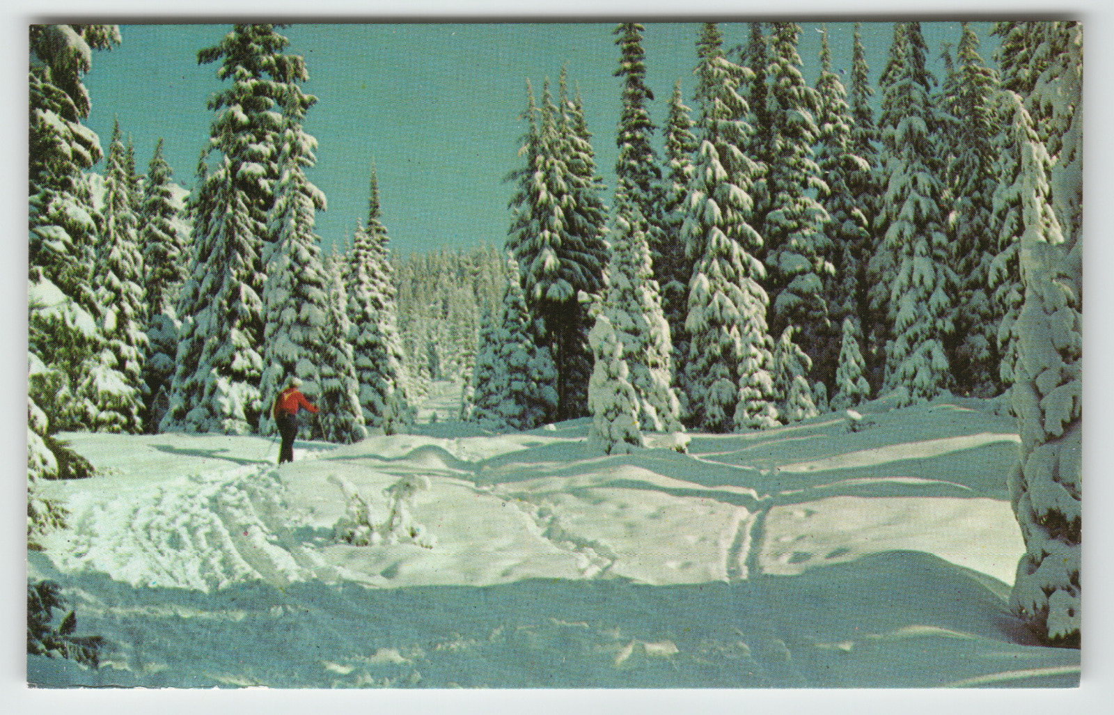Postcard Skier on Beautiful Snow Covered Mountain