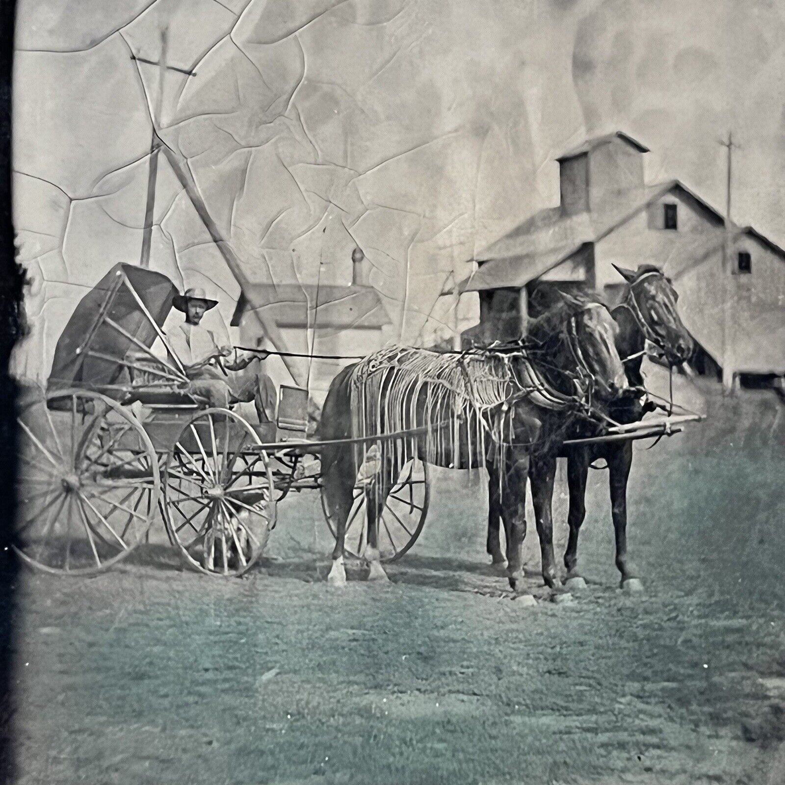 Antique Tintype Photograph Man Wagon Horse Barn Homestead Tinted Folk Art