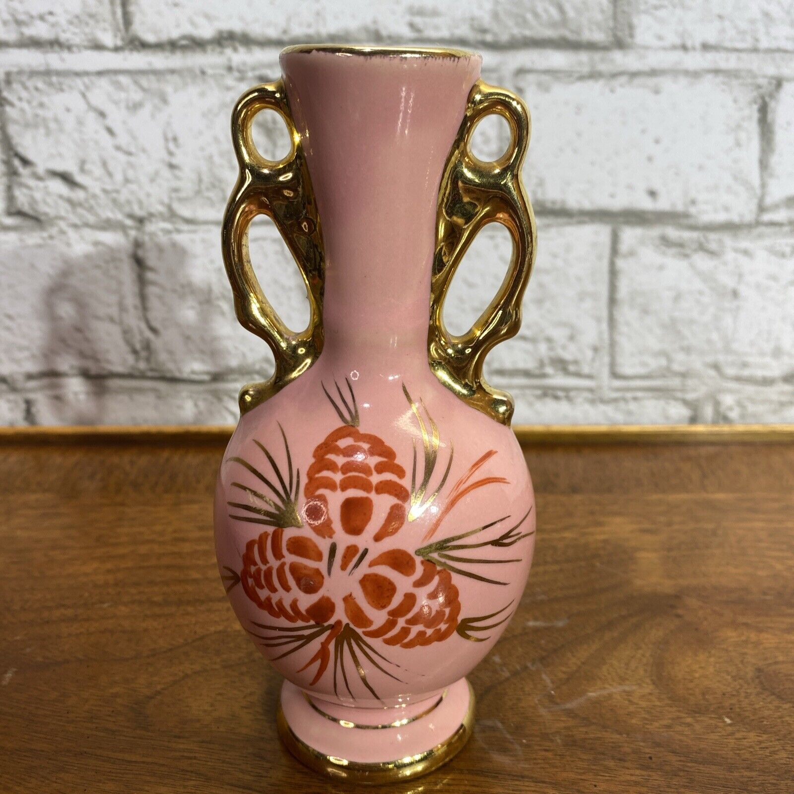 VTG LE PERE POTTERY OH Pink with Pine Cone Trio Bud Vase Circa 1940’ 1950’