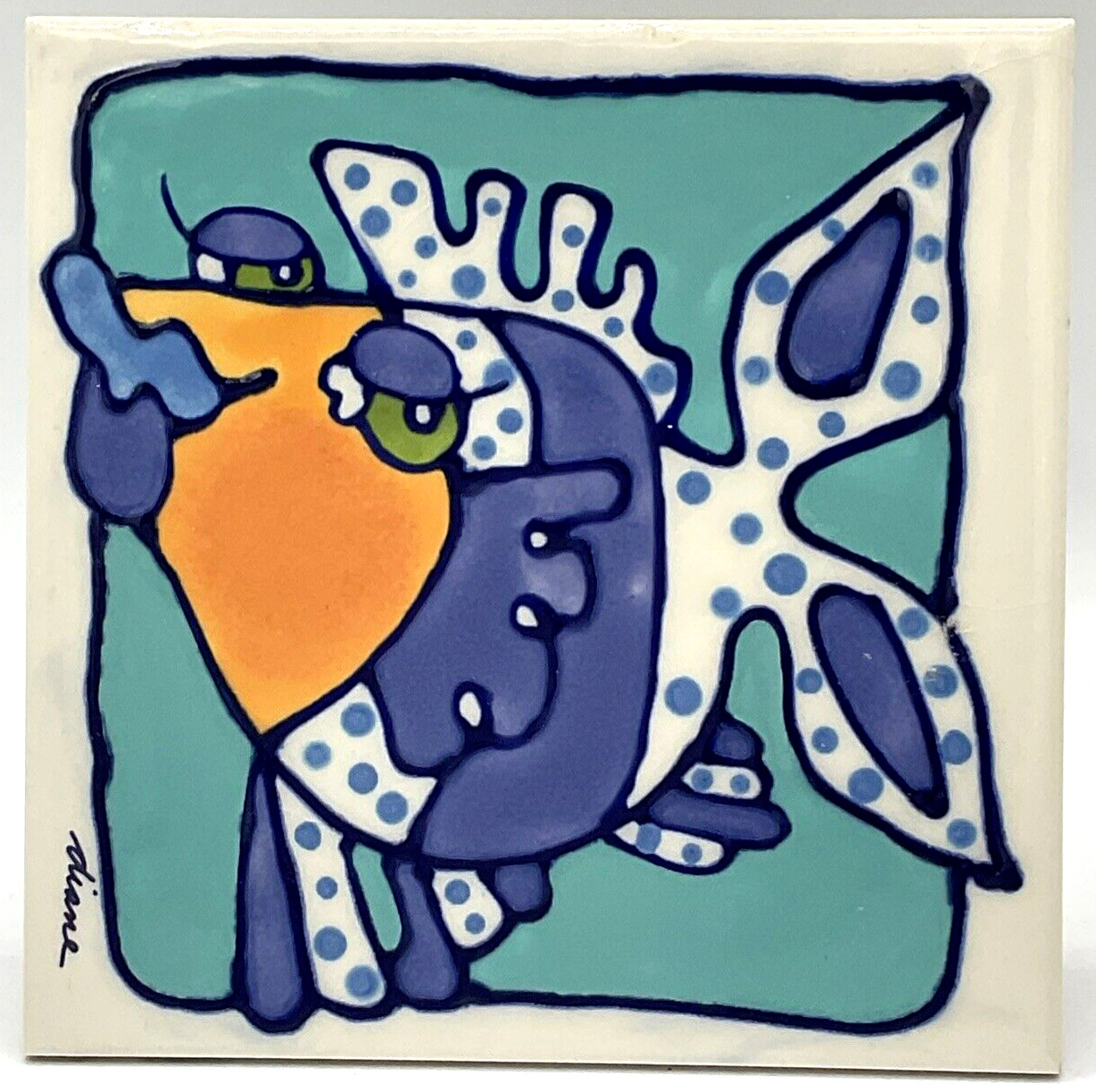 2001 Diane Artware Decorative Art Tile 24696 Funny Fish 6” X 6” Signed Wall Hang
