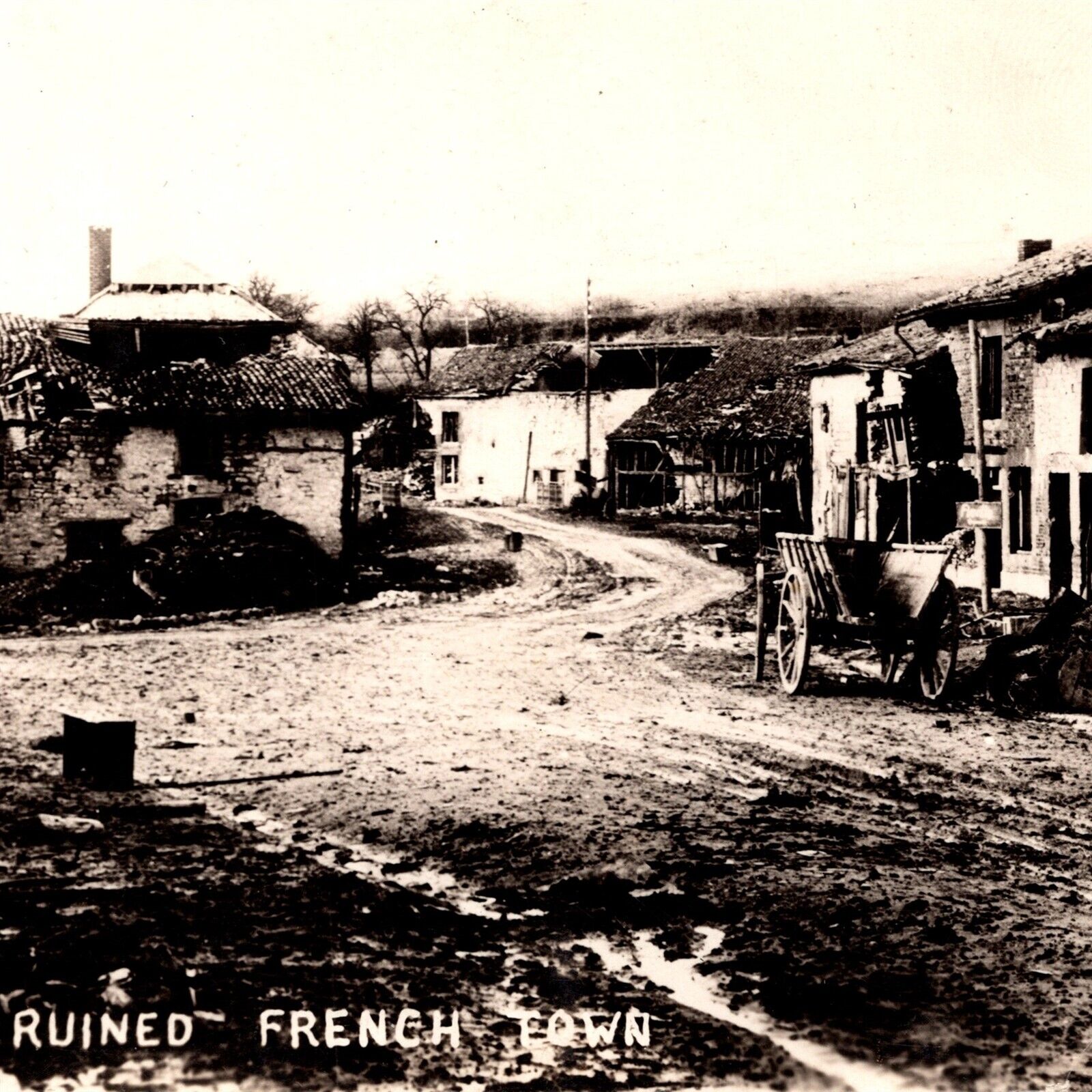 RPPC WWI Ruined French Town Wagon Real Photo Postcard 