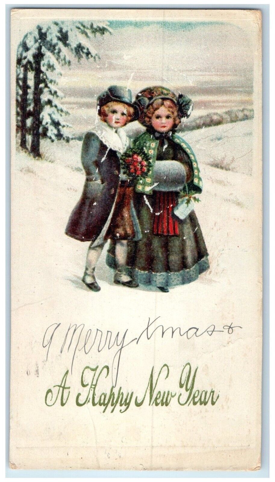 1915 Happy New Year Children Handwarmer Winter Embossed Garfield KS Postcard
