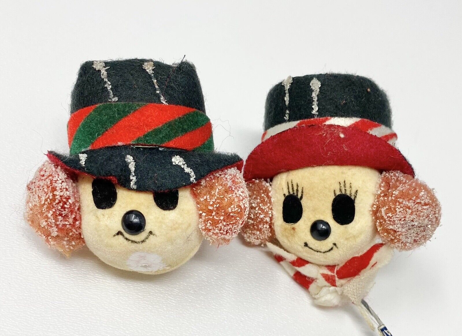 Vintage Mid-Century Modern Mr. & Mrs. Snowman Heads Styrofoam Fuzzy Felt Japan