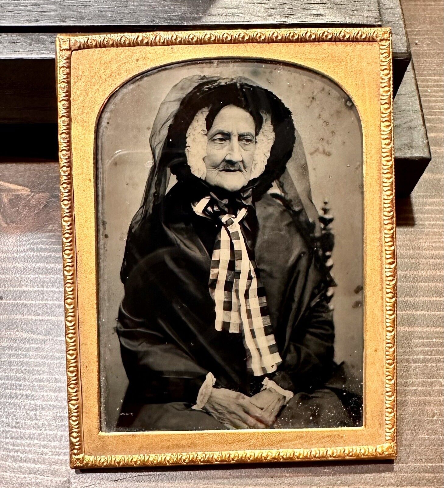 OLD WIDOW WEARING BLACK VEIL 1/4 AMBROTYPE 1850s VICTORIAN ERA PHOTO
