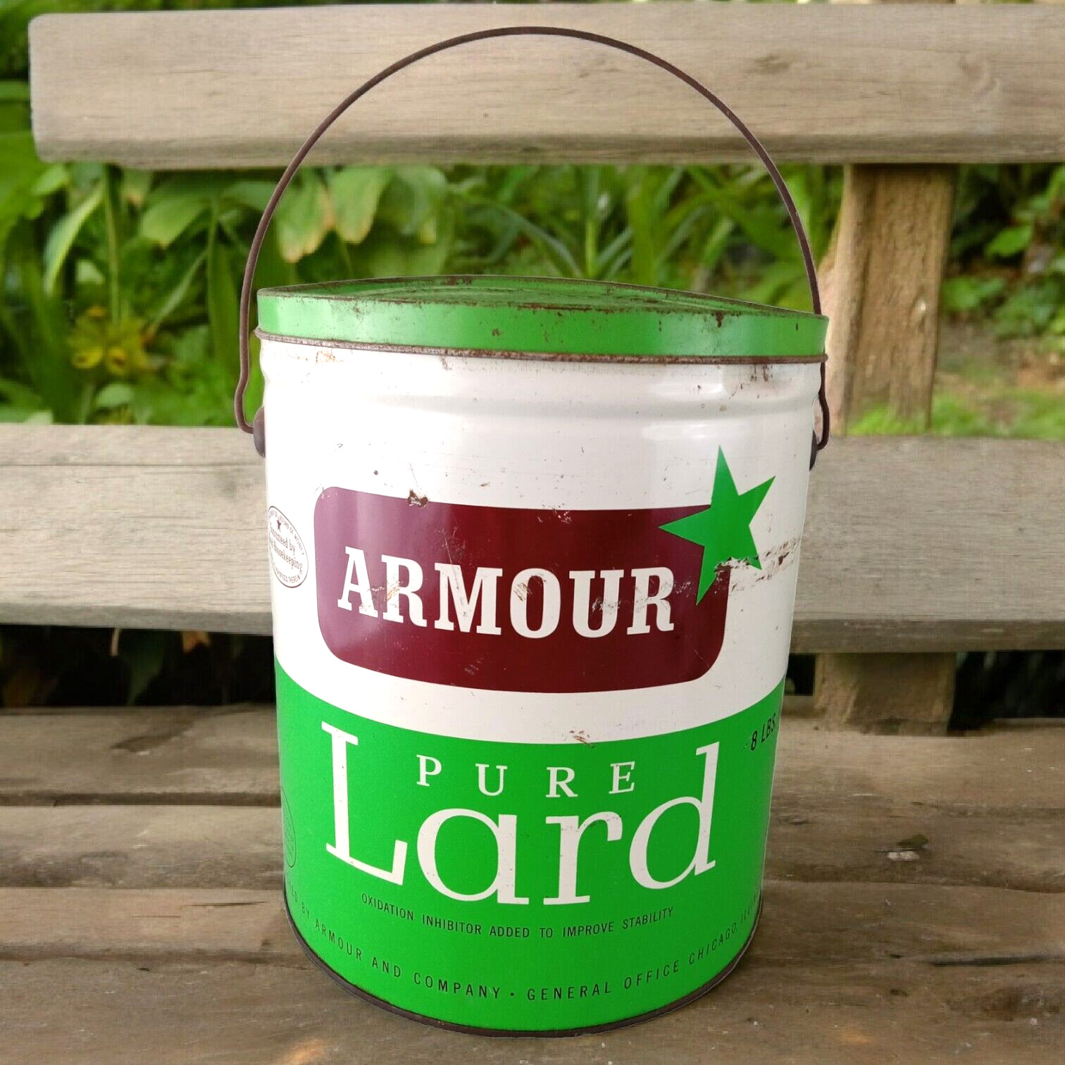 ARMOUR Pure Lard 8 Lb. Lard Can Tin Pail Bucket Green Star Vintage Advertising