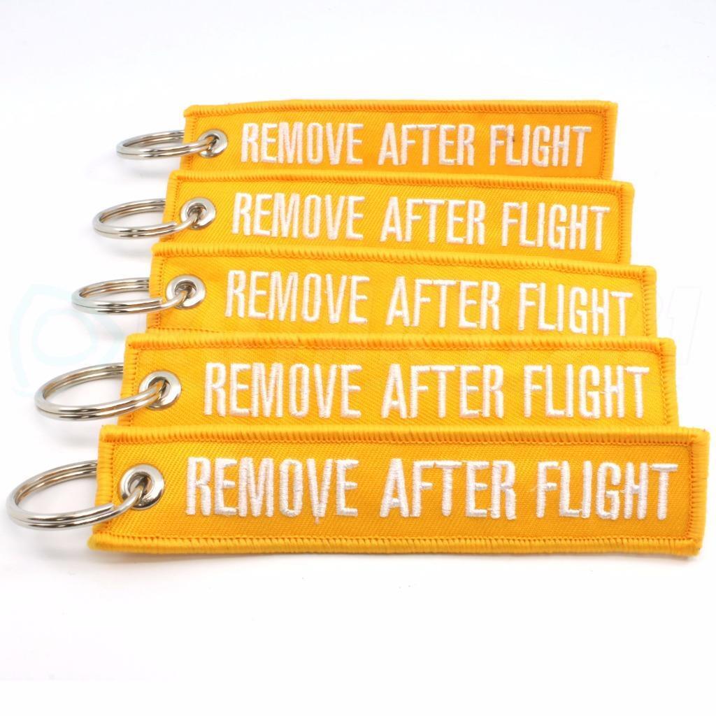 REMOVE AFTER FLIGHT KEYCHAIN QTY= 5 PCS YELLOW/white TAGS FLAGS PILOT CREW