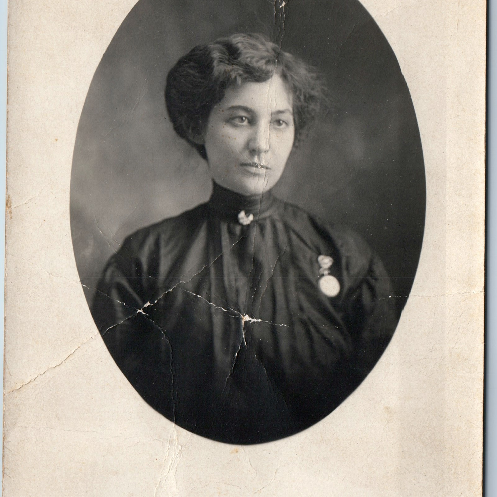 c1910s Lovely Young Lady RPPC Short Brown Hair Cute Eyes Real Photo Medal A260