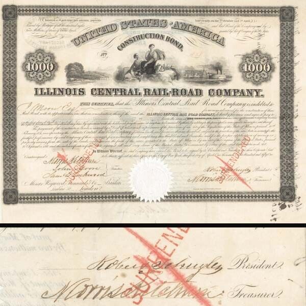 Illinois Central Bond signed by Robert Schuyler - Autographed Stocks & Bonds